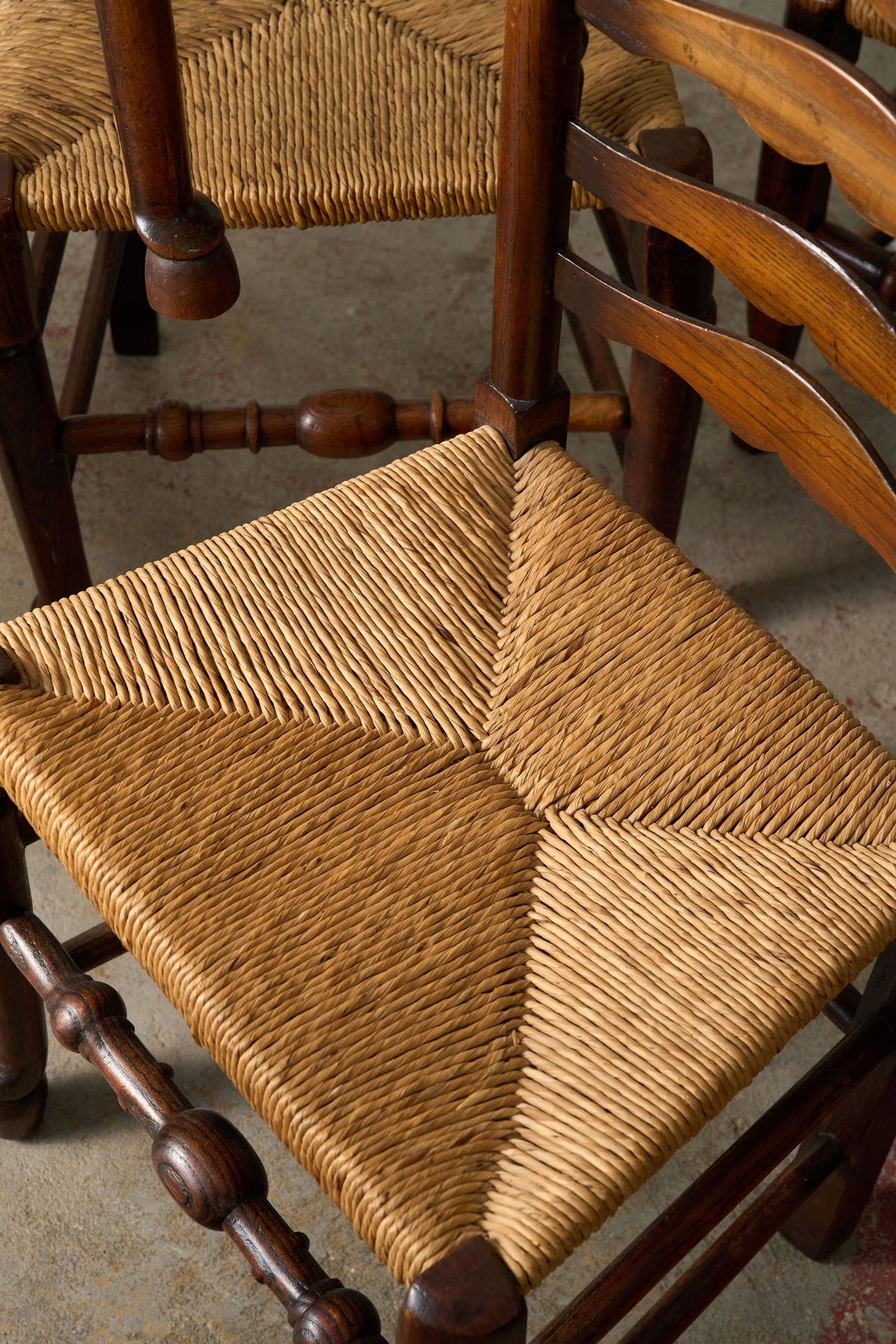 SET of 8 | 19th Century Ash Ladder Back Side Chairs with Rush Seats
