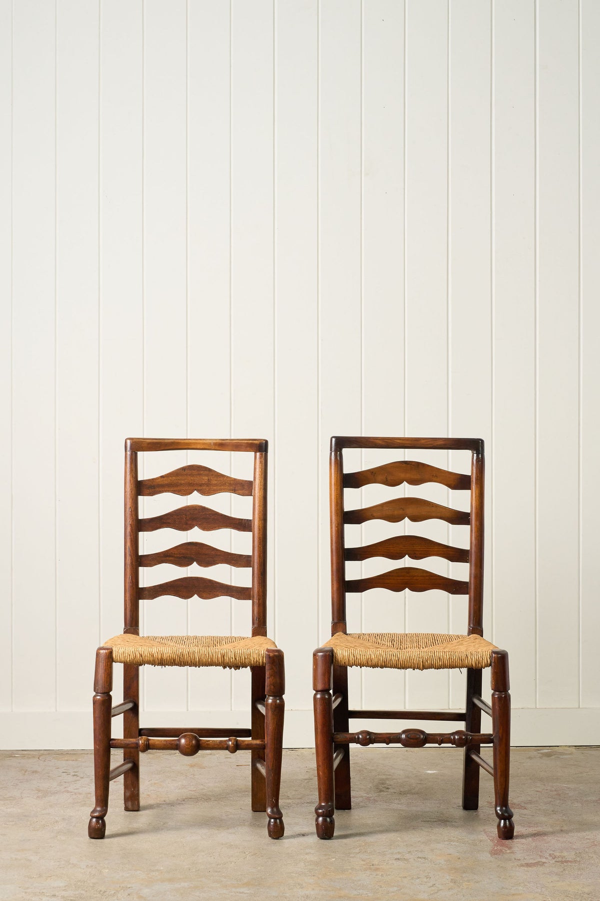 SET of 8 | 19th Century Ash Ladder Back Side Chairs with Rush Seats