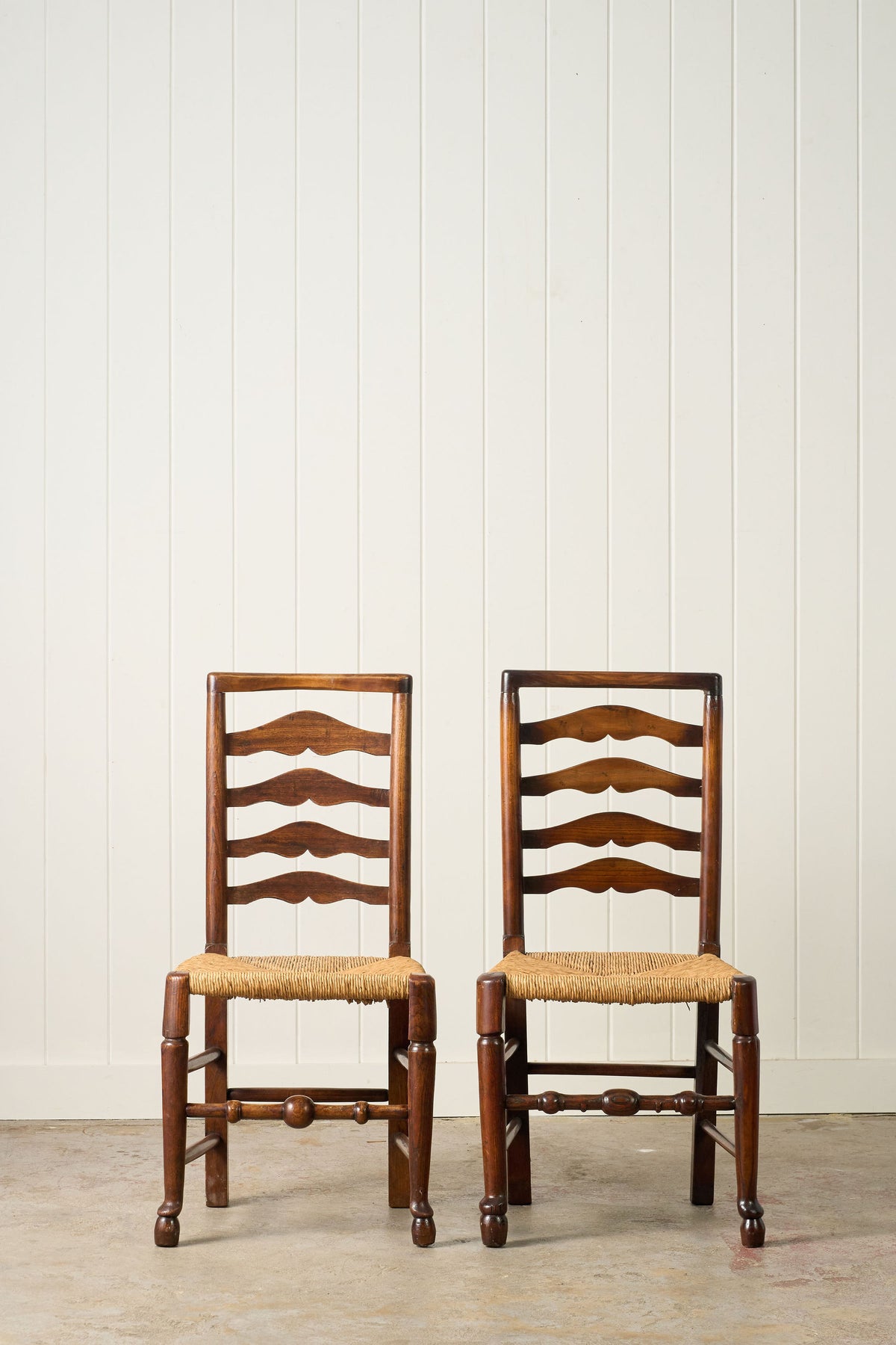 SET of 8 | 19th Century Ash Ladder Back Side Chairs with Rush Seats