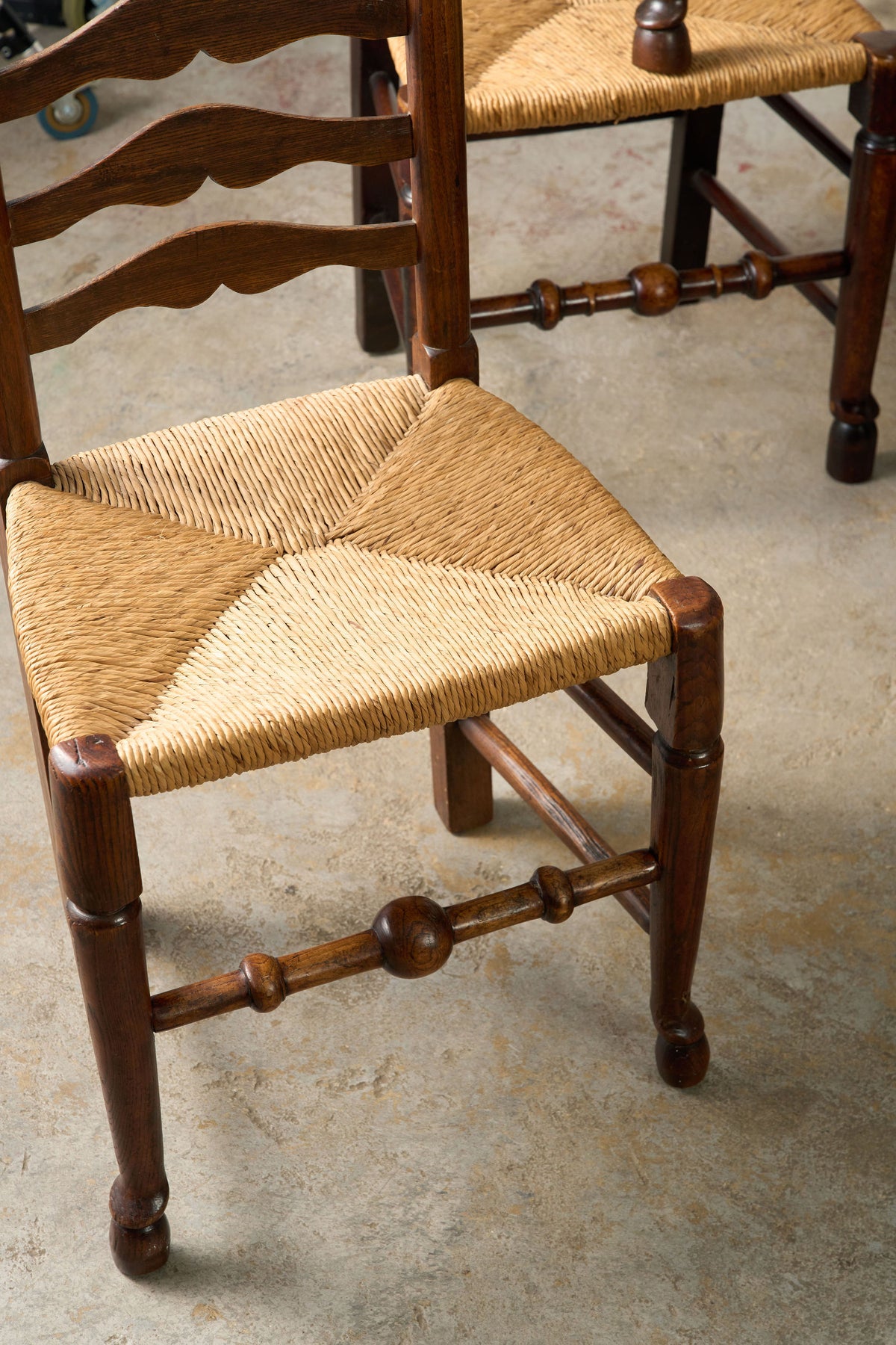 SET of 8 | 19th Century Ash Ladder Back Side Chairs with Rush Seats
