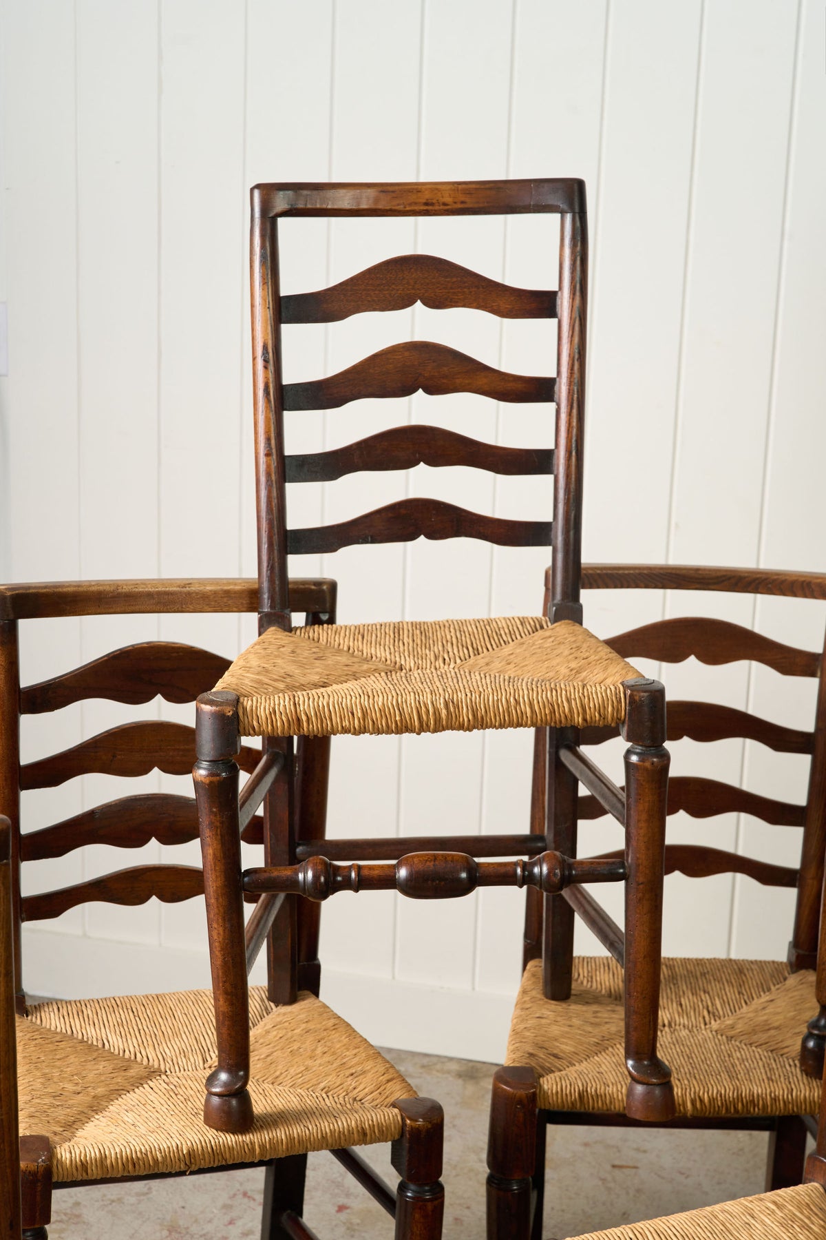 SET of 8 | 19th Century Ash Ladder Back Side Chairs with Rush Seats