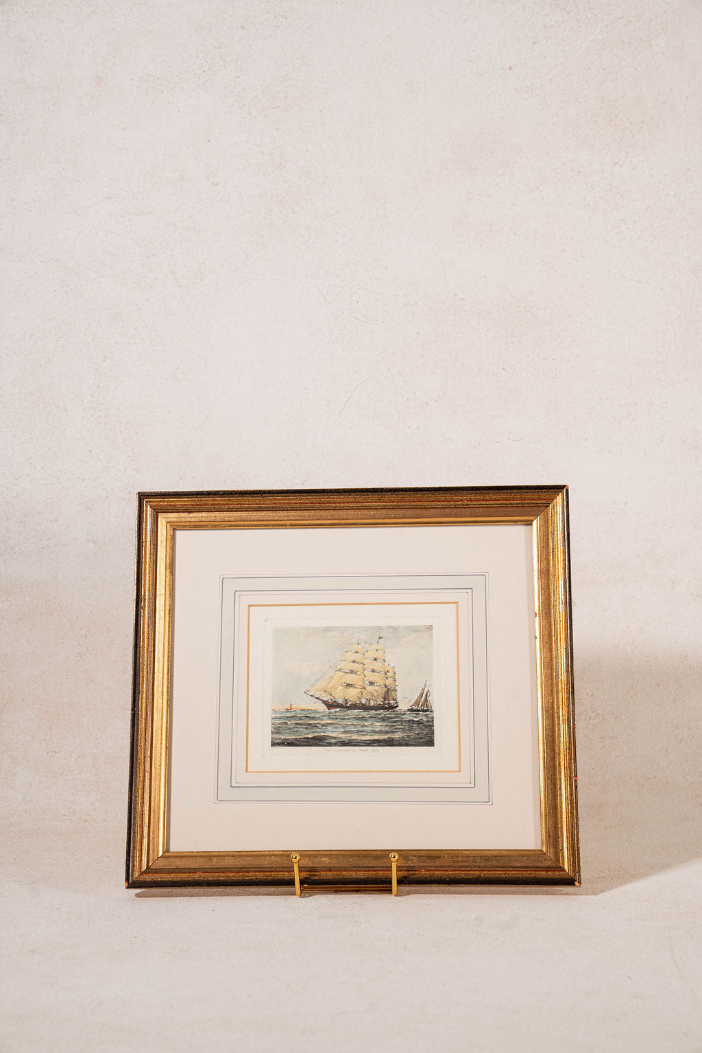 Antique English Hand Colored Engraving of Ship with Line-Wash Mat
