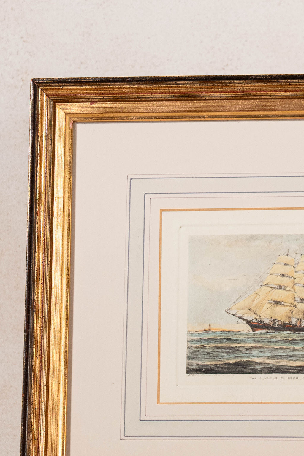 Antique English Hand Colored Engraving of Ship with Line-Wash Mat