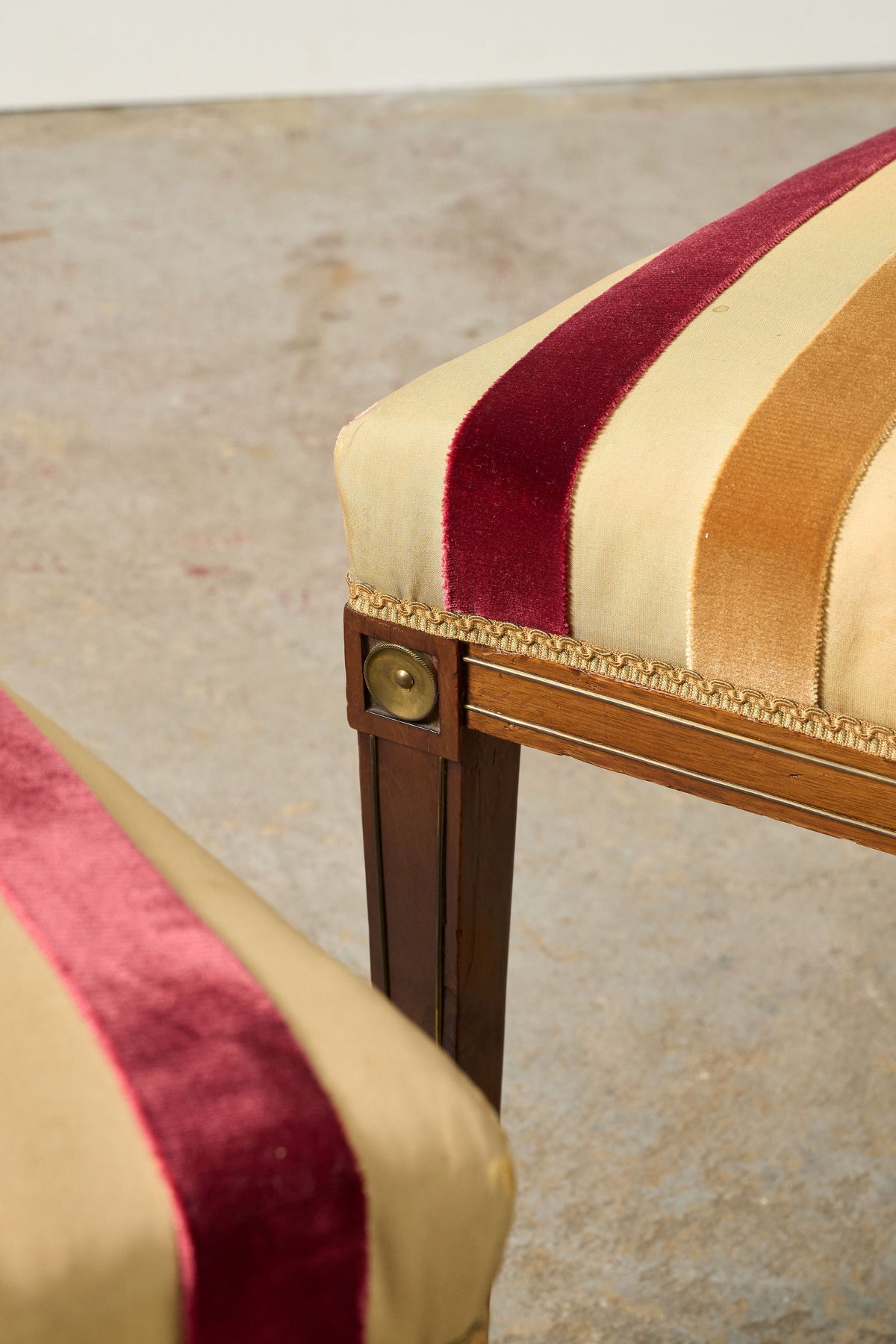 PAIR of Late 19th Century Brass Inlay Mahogany Side Chairs with Stripe Velvet Fabric