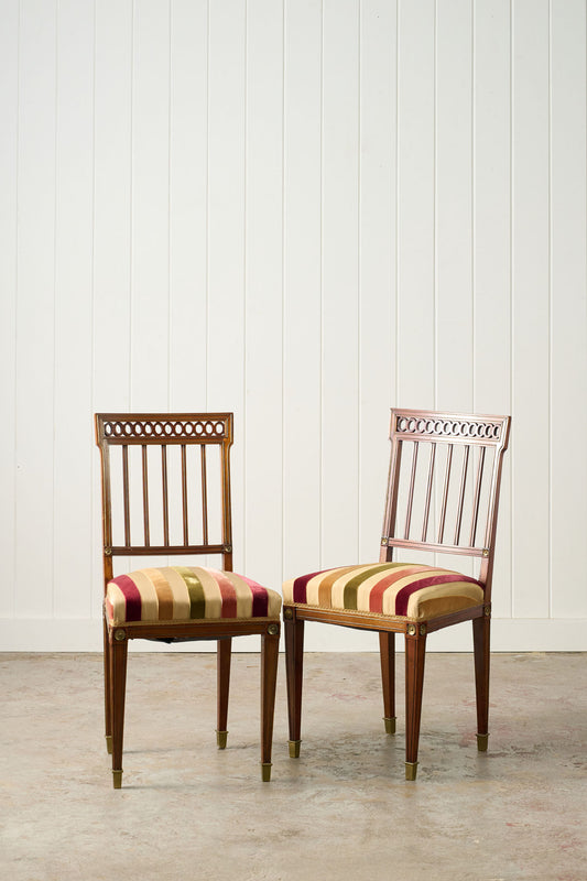 PAIR of Late 19th Century Brass Inlay Mahogany Side Chairs with Stripe Velvet Fabric
