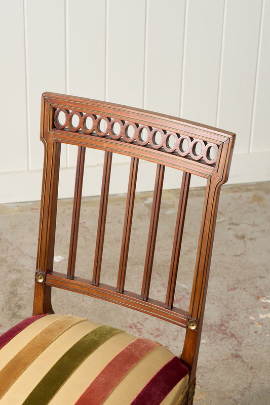 PAIR of Late 19th Century Brass Inlay Mahogany Side Chairs with Stripe Velvet Fabric