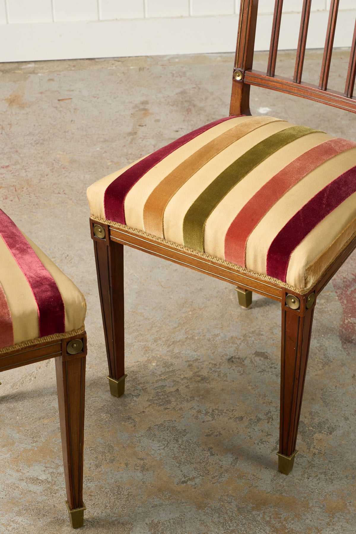 PAIR of Late 19th Century Brass Inlay Mahogany Side Chairs with Stripe Velvet Fabric