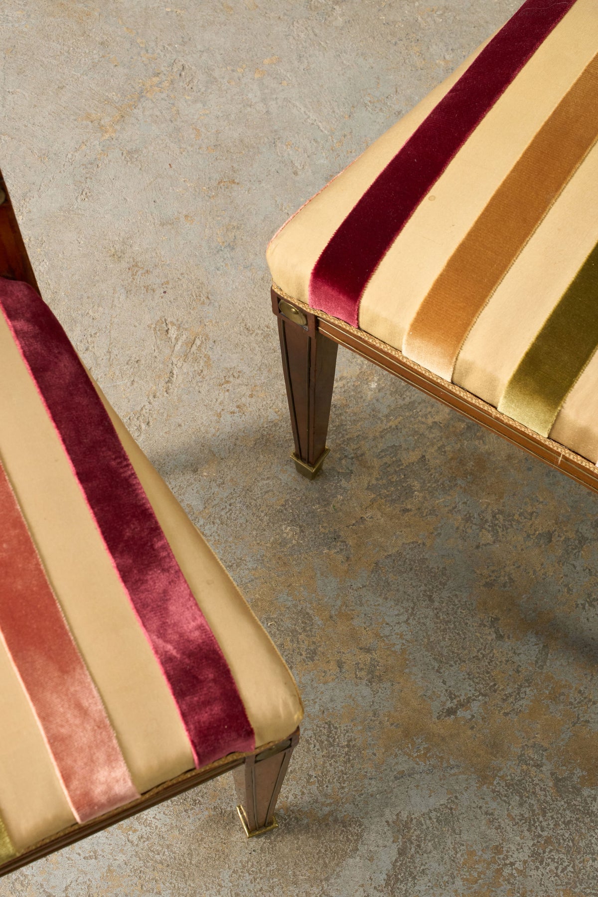 PAIR of Late 19th Century Brass Inlay Mahogany Side Chairs with Stripe Velvet Fabric
