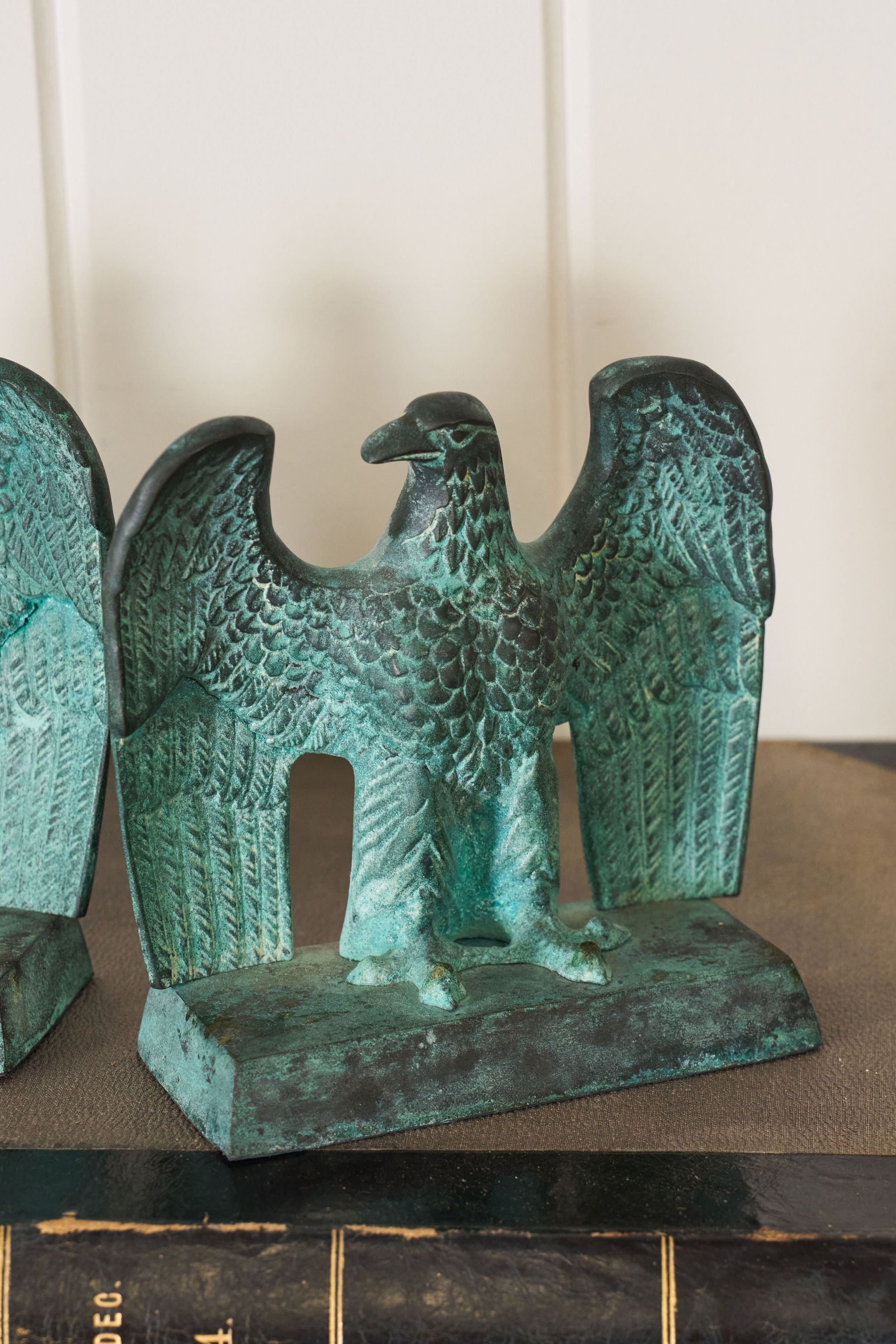 PAIR of Vintage Cast Metal Verdigris Federal Eagle Bookends