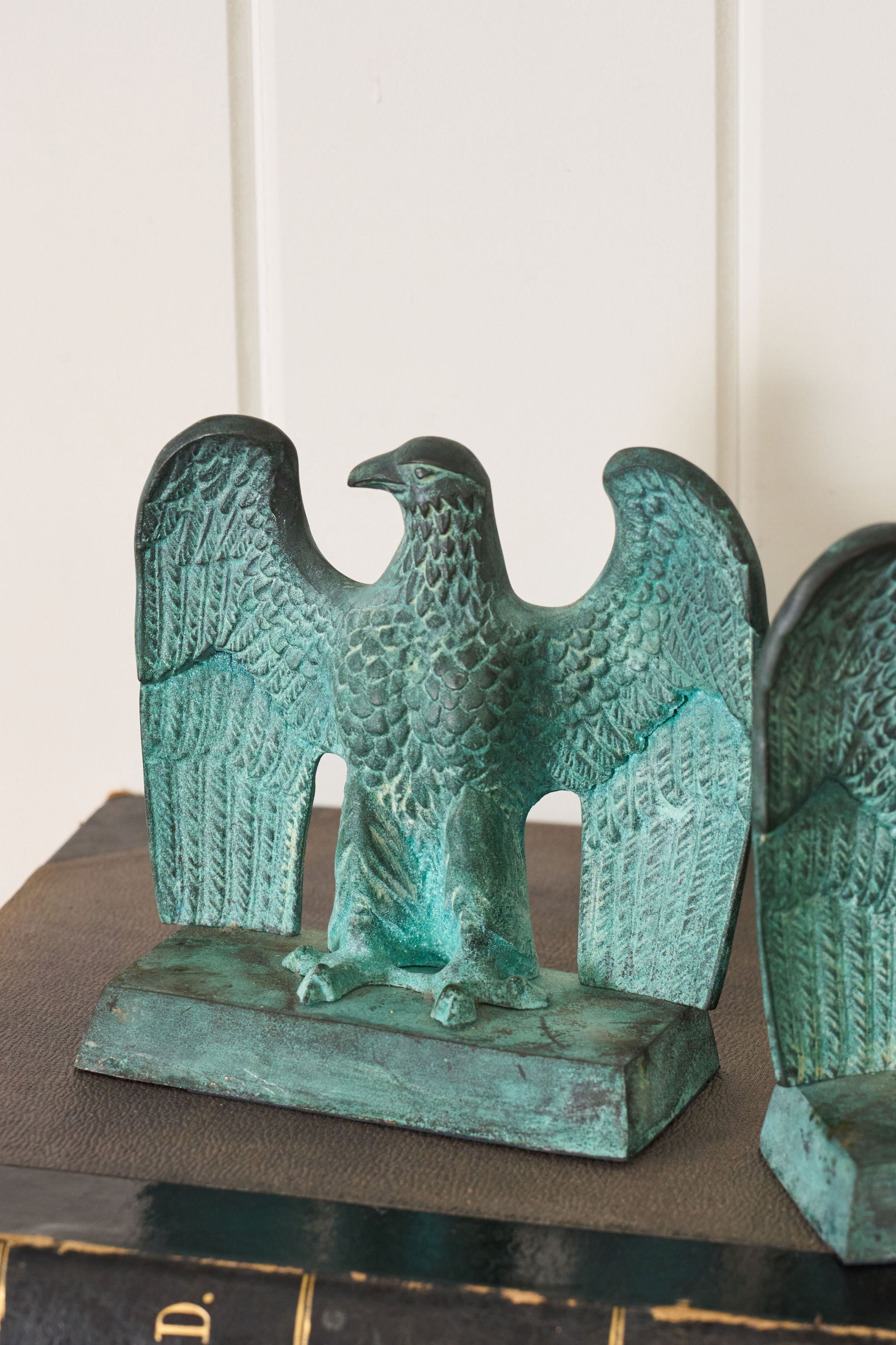 PAIR of Vintage Cast Metal Verdigris Federal Eagle Bookends