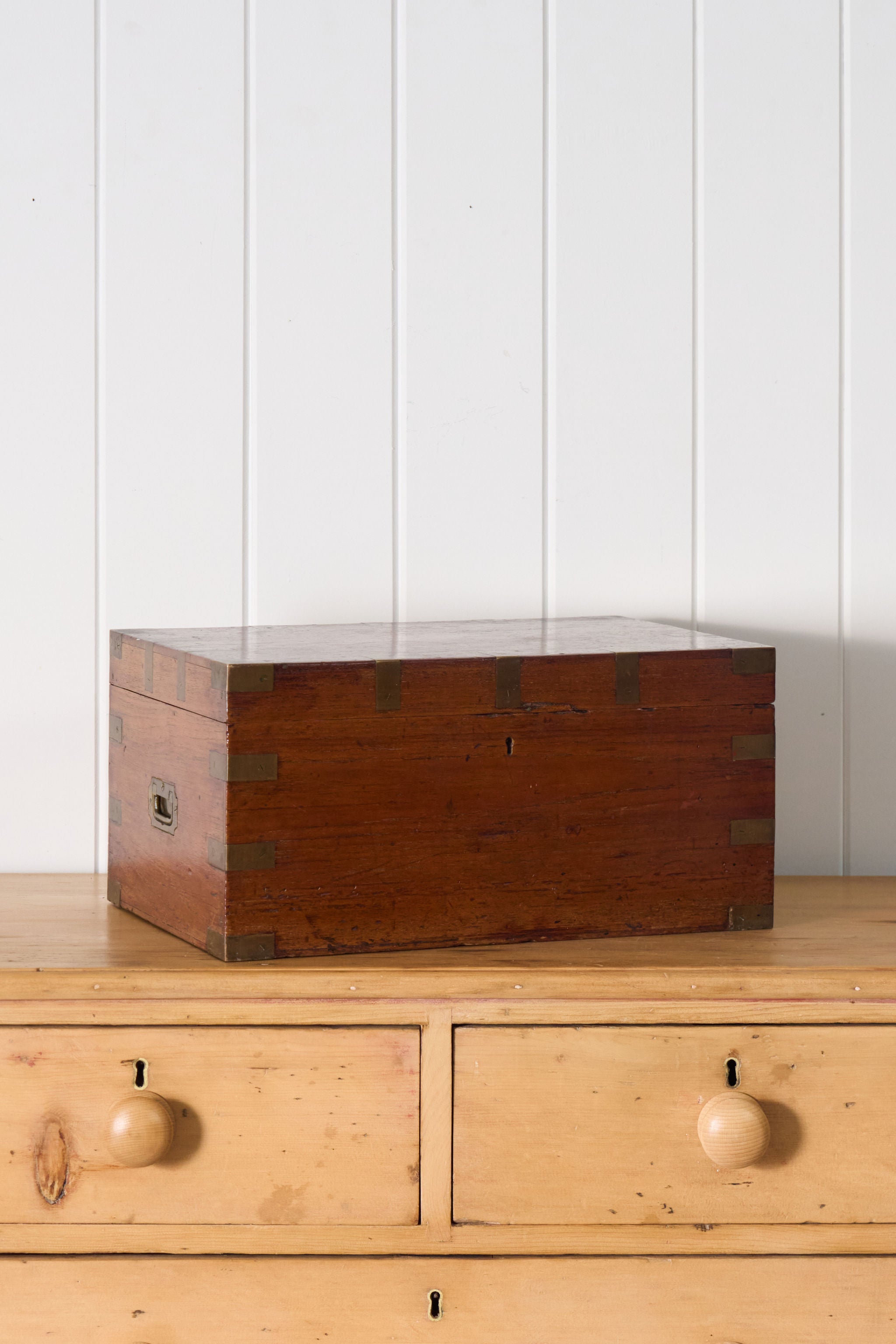 Petite Antique Oak Campaign Trunk with Brass Corners