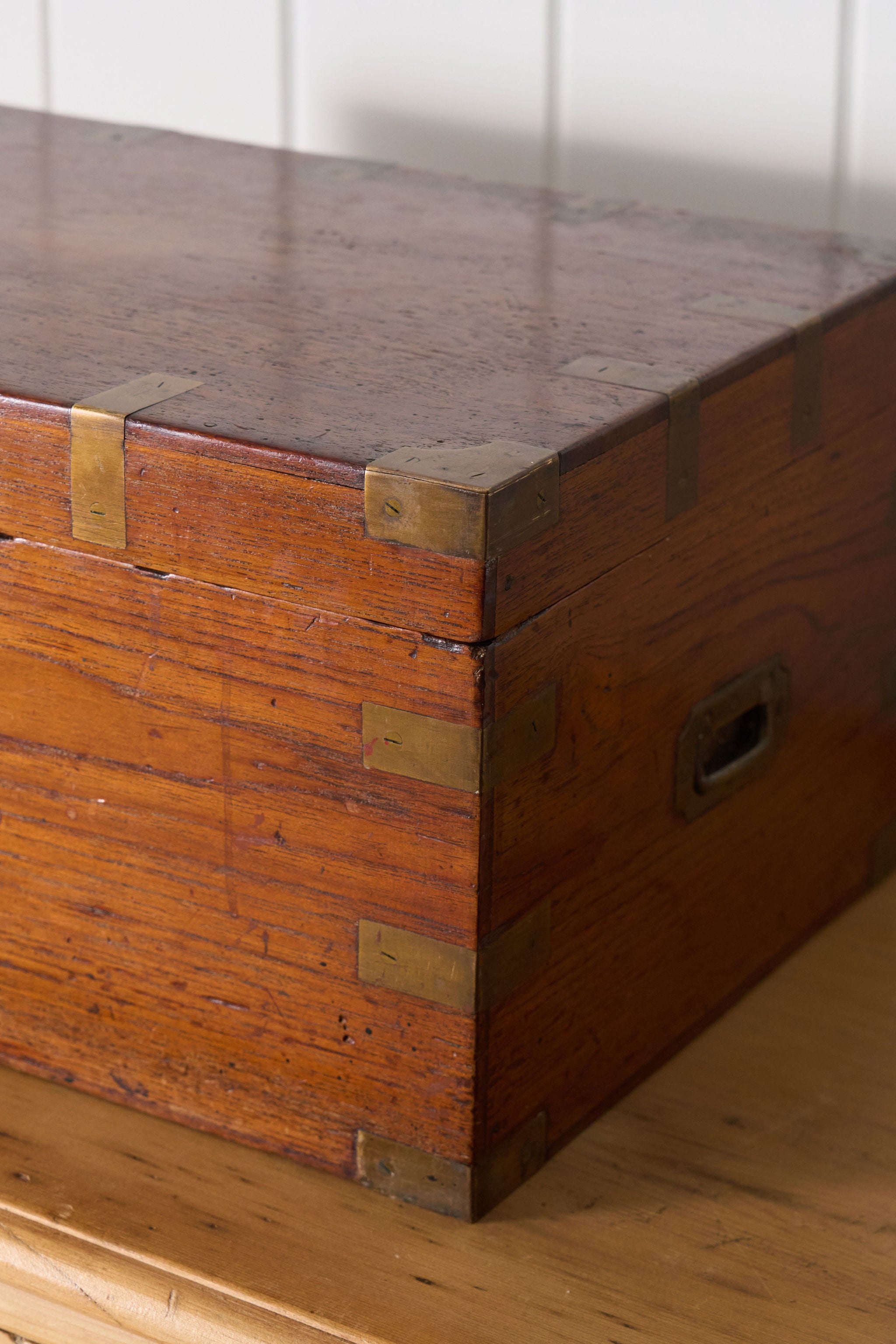 Petite Antique Oak Campaign Trunk with Brass Corners