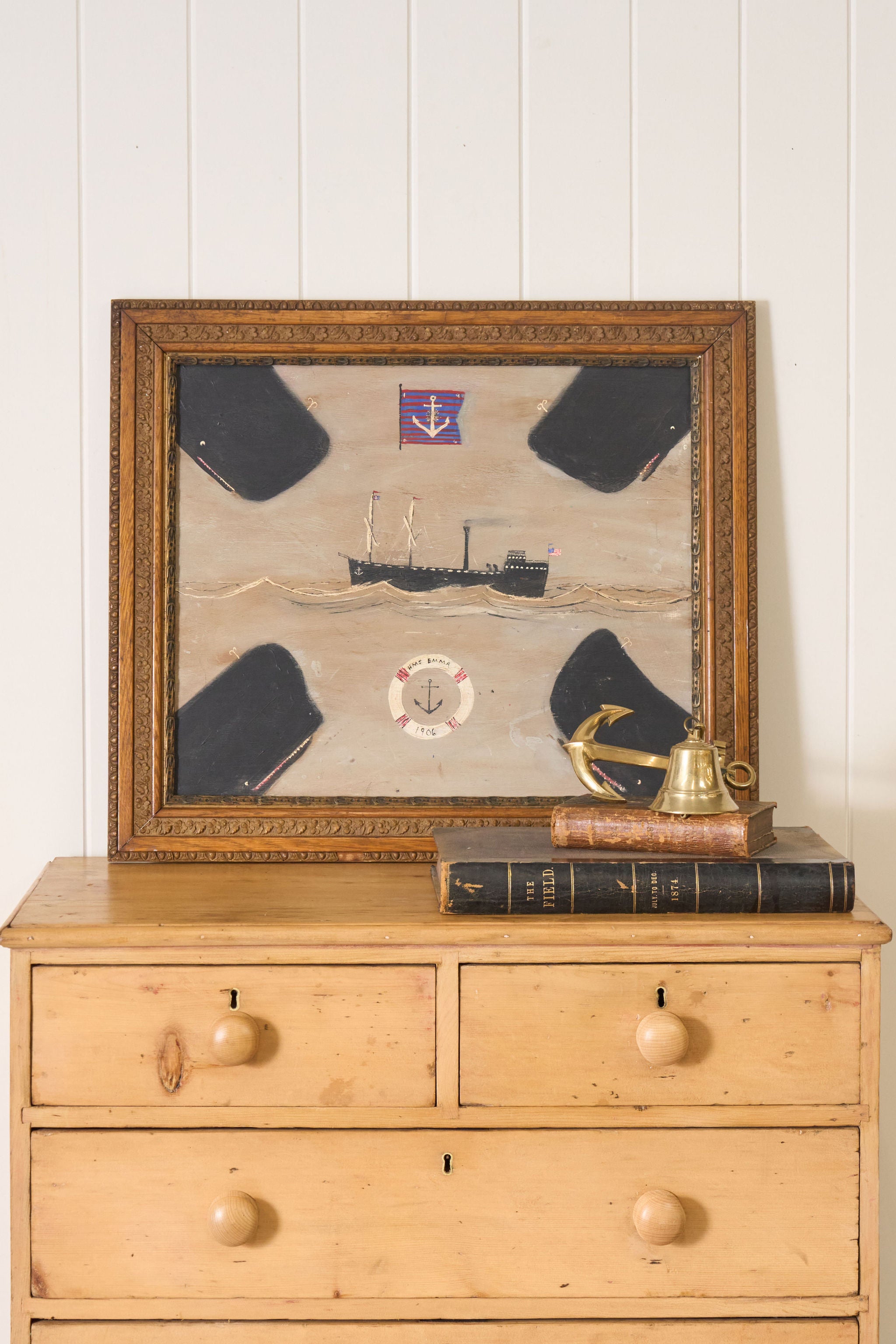 Contemporary Oil on Board "HMS Emma 1906" in Vintage Frame by Joe Onion (American)