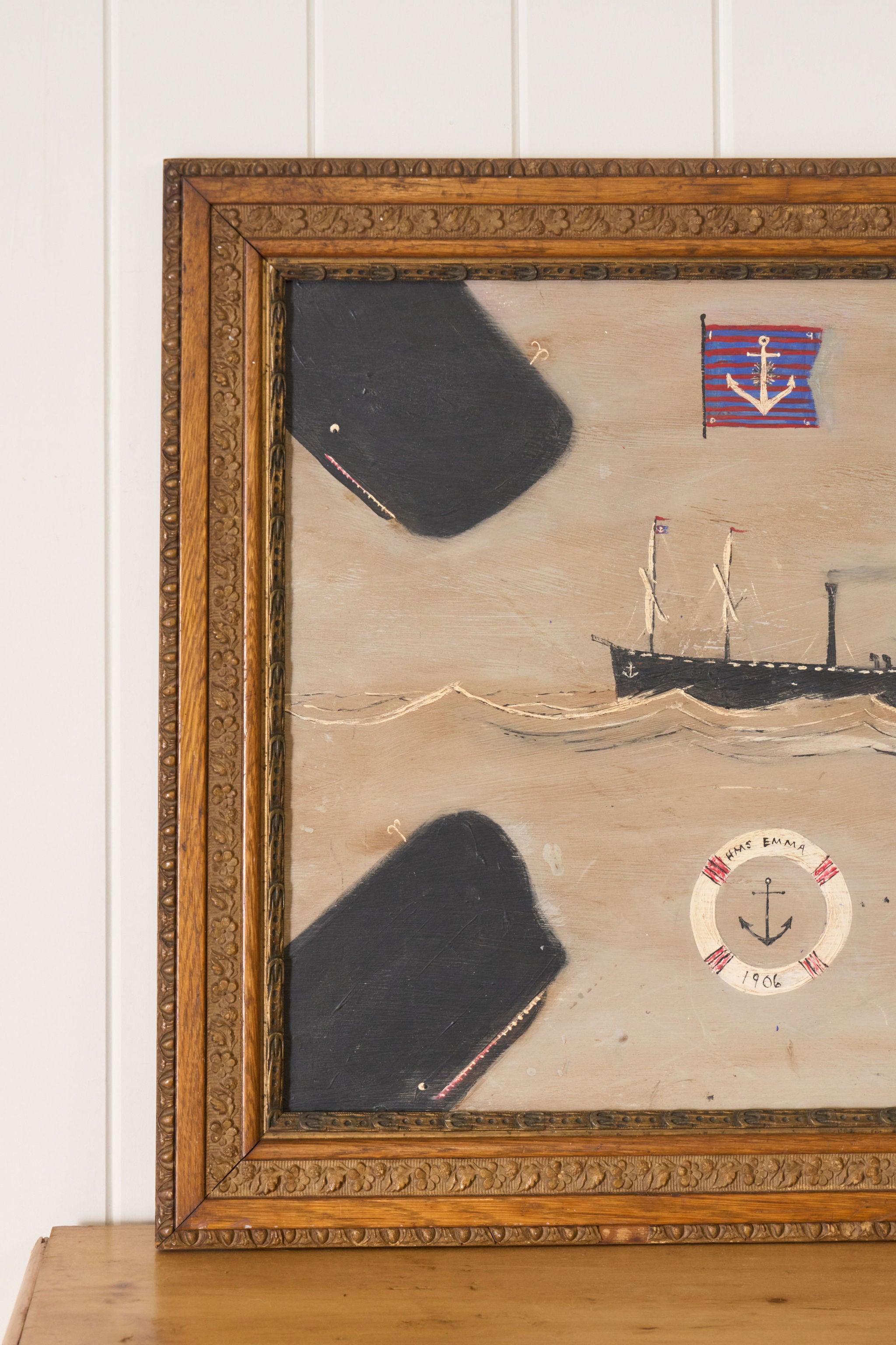 Contemporary Oil on Board "HMS Emma 1906" in Vintage Frame by Joe Onion (American)