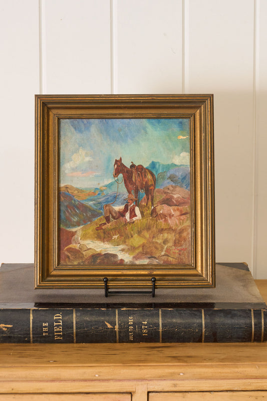 Original Oil on Board Folk Art of Cowboy & Horse in the Mountains Signed RA Moss