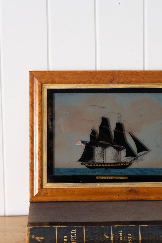 Antique Reverse Glass American Maritime Art 'The President 1814'