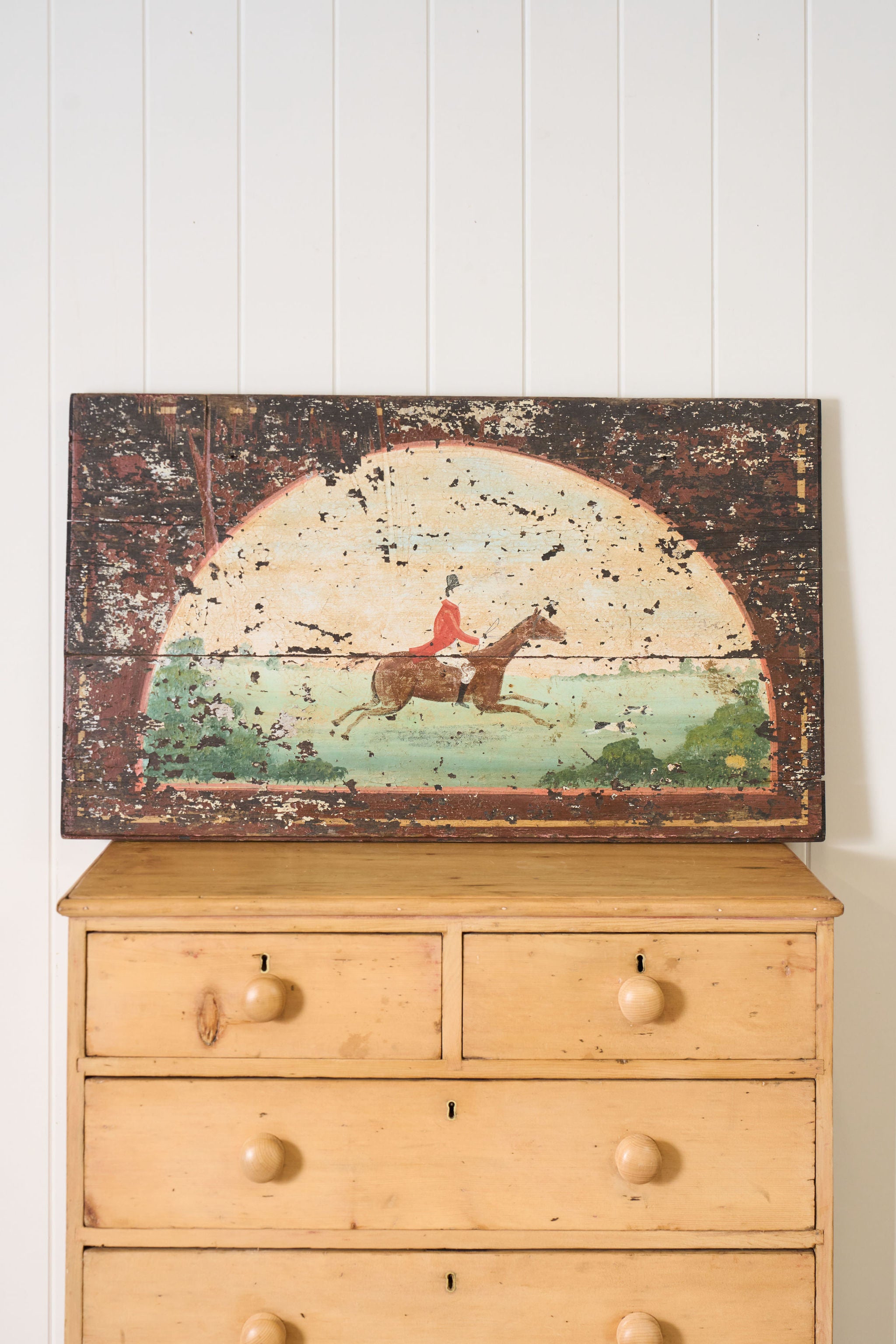 19th Century Hand Painted Equestrian Trunk Top | Converted for Wall Art