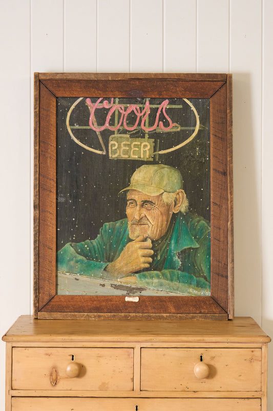 Signed Oil on Canvas of 'Old Albert' with Coors Beer Sign (d. 1983) | in Handmade Oak Frame