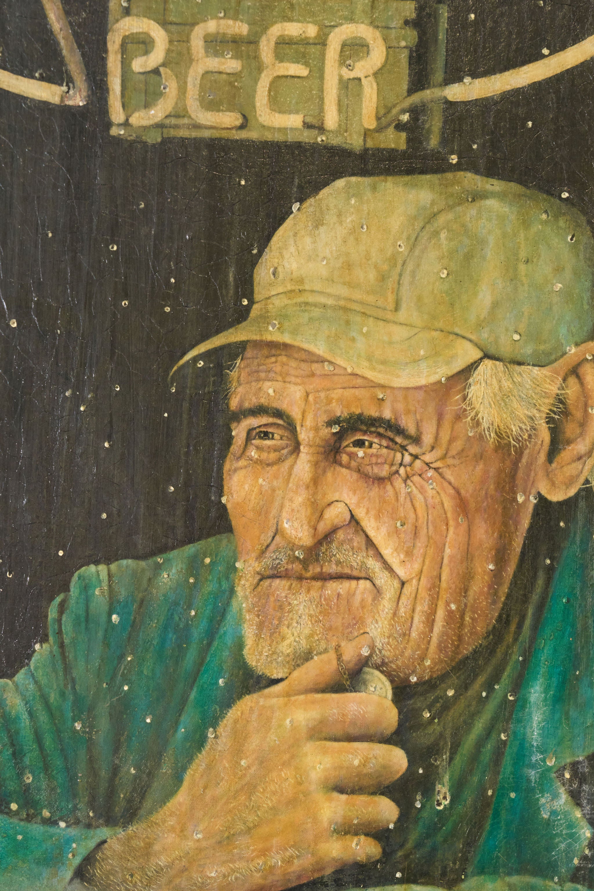 Signed Oil on Canvas of 'Old Albert' with Coors Beer Sign (d. 1983) | in Handmade Oak Frame