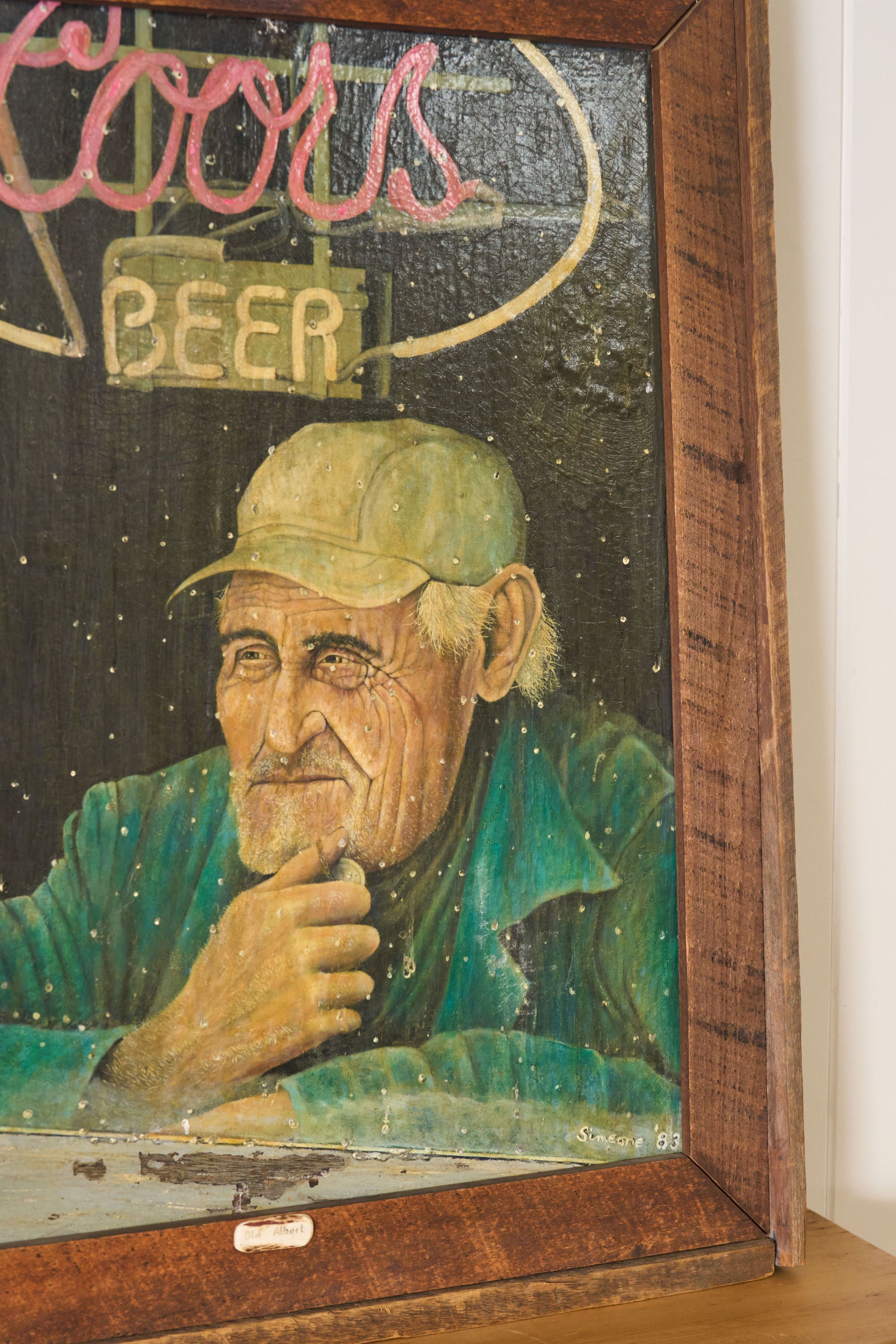 Signed Oil on Canvas of 'Old Albert' with Coors Beer Sign (d. 1983) | in Handmade Oak Frame