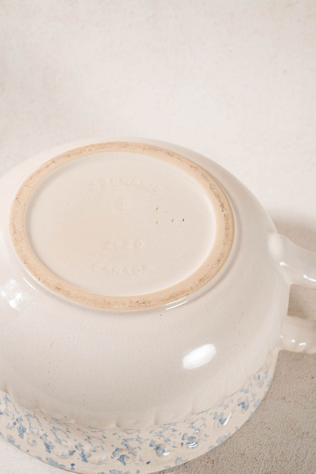 Antique Single Handle Cream + Pale Blue Spongeware Mixing Bowl