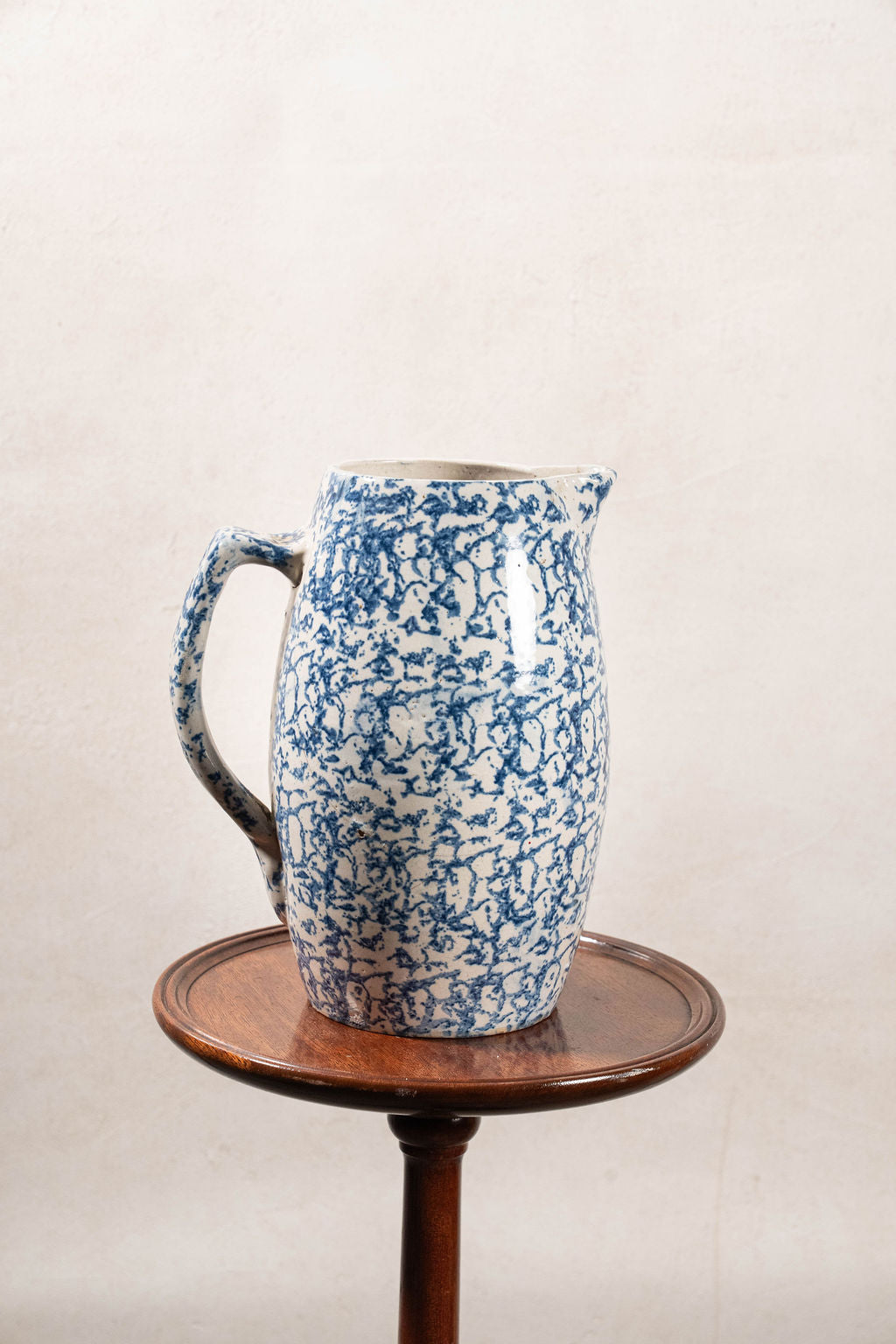 19th Century Blue + White Tall Spongeware Pitcher