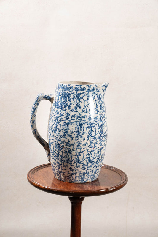 19th Century Blue + White Tall Spongeware Pitcher