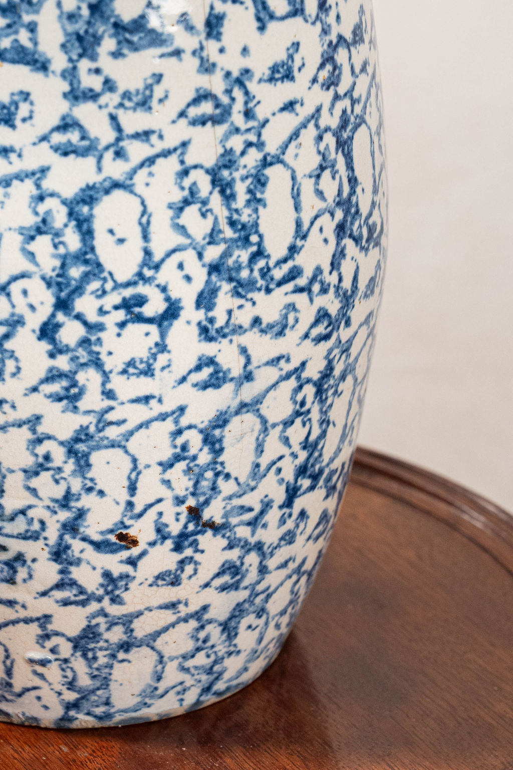 19th Century Blue + White Tall Spongeware Pitcher