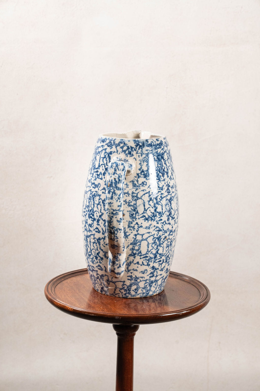 19th Century Blue + White Tall Spongeware Pitcher