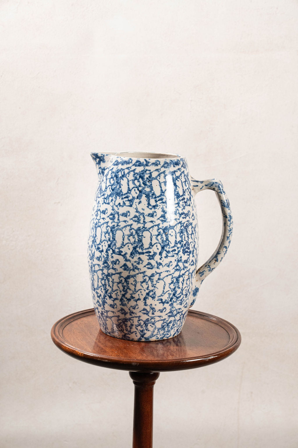 19th Century Blue + White Tall Spongeware Pitcher