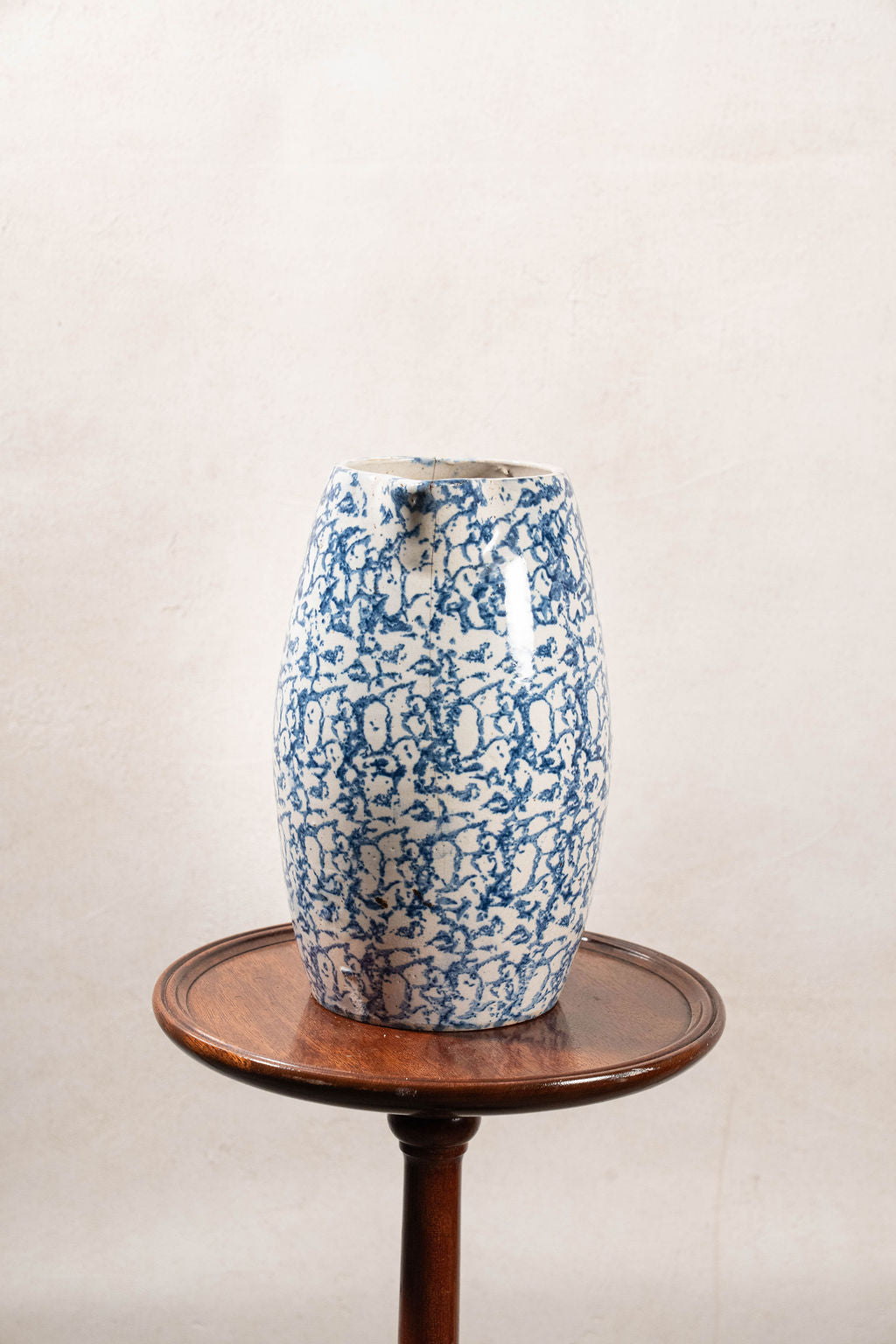 19th Century Blue + White Tall Spongeware Pitcher