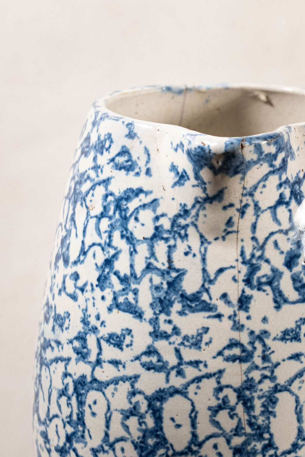 19th Century Blue + White Tall Spongeware Pitcher
