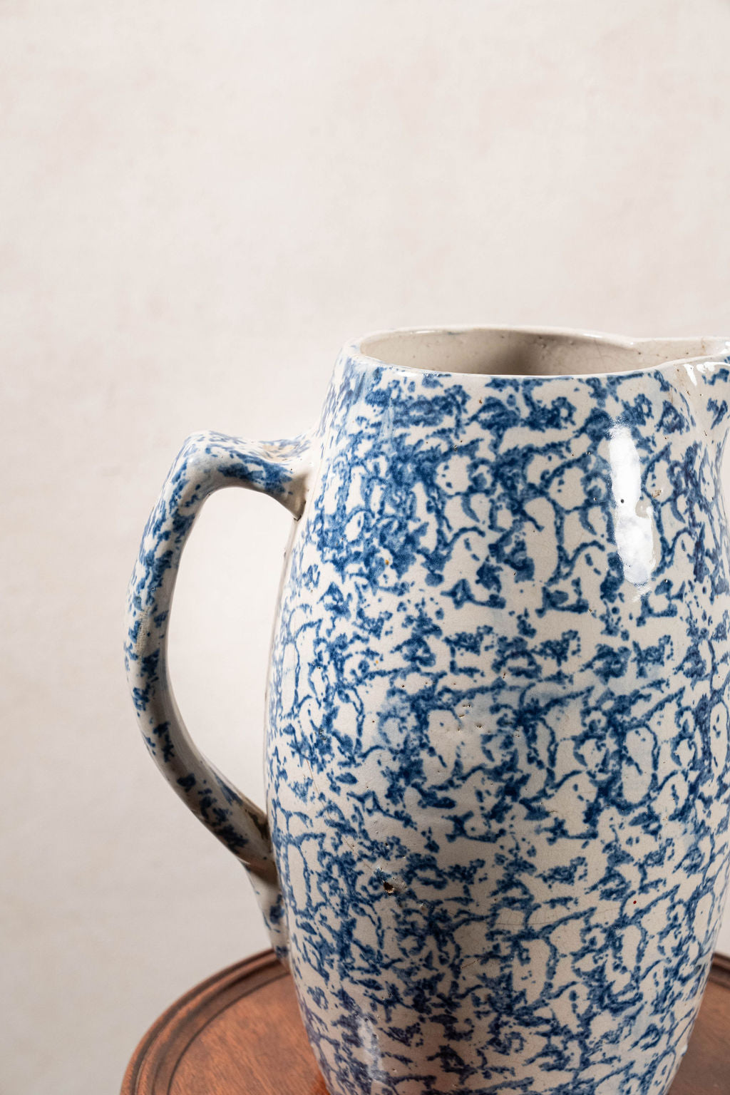 19th Century Blue + White Tall Spongeware Pitcher