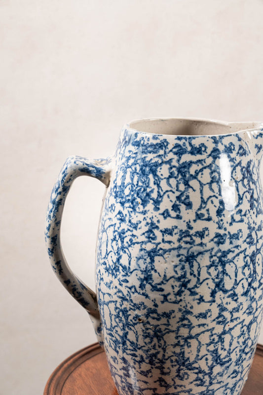 19th Century Blue + White Tall Spongeware Pitcher