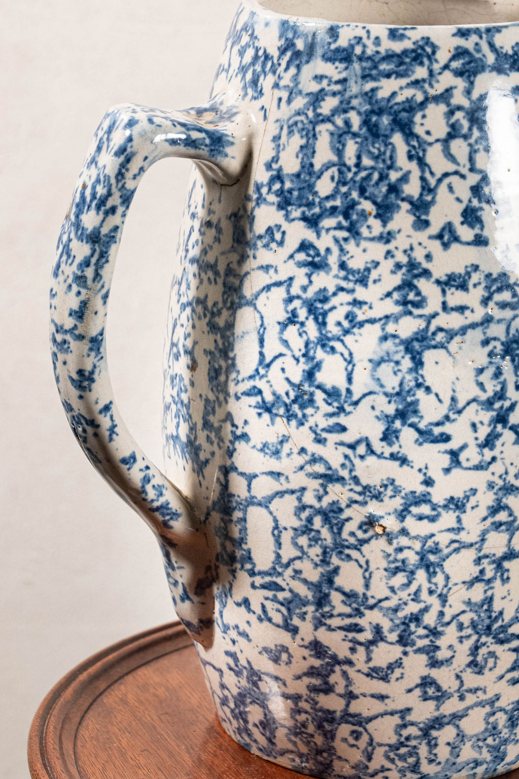 19th Century Blue + White Tall Spongeware Pitcher