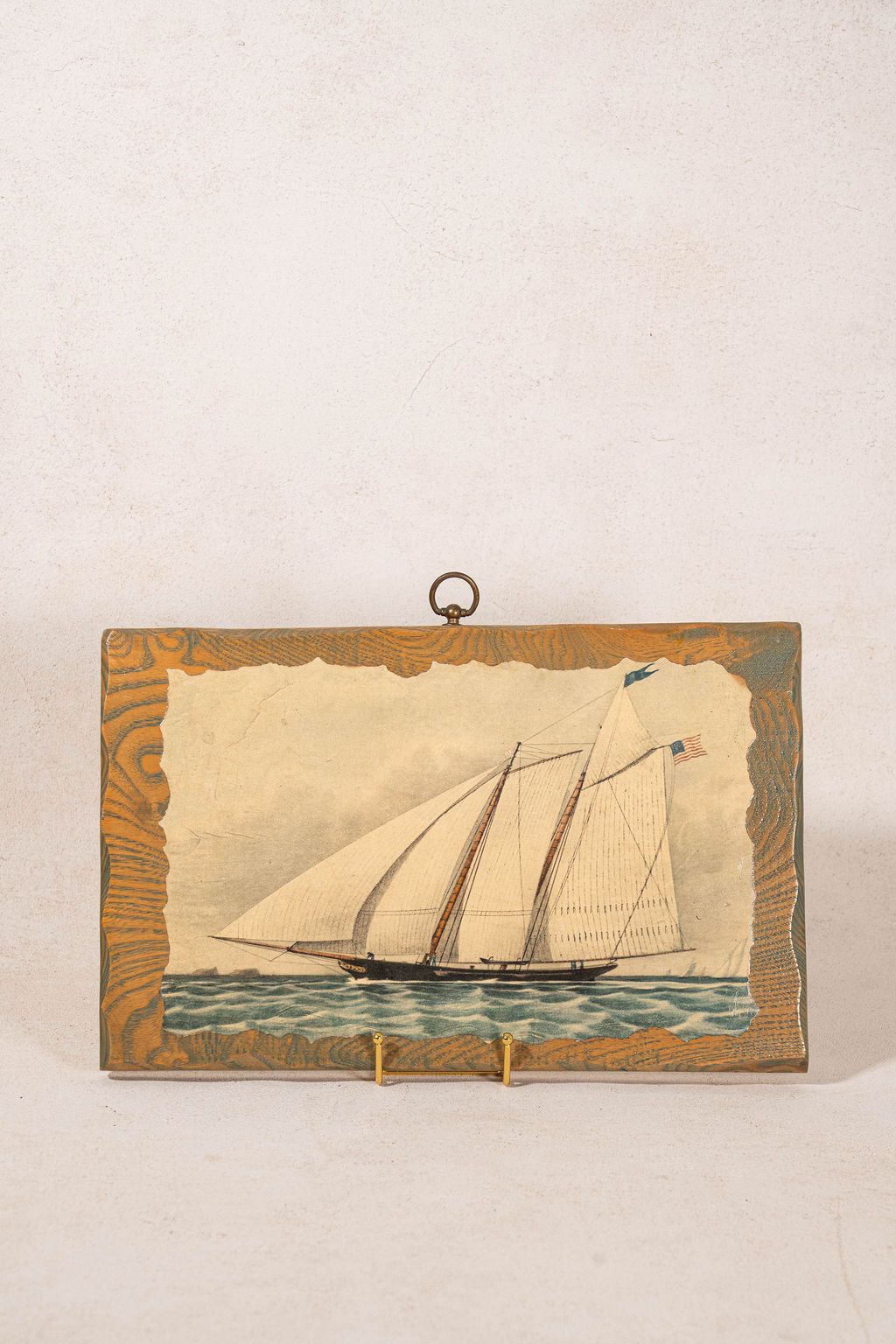 Vintage American Ship Print Mounted On Oak Plank