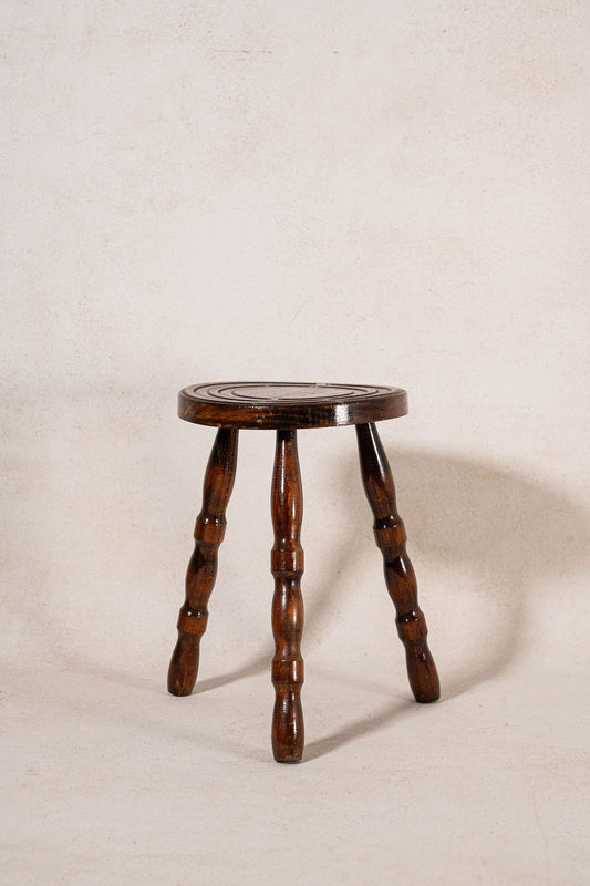 Antique French Bobbin Round Stool with Lacquer Top Coat