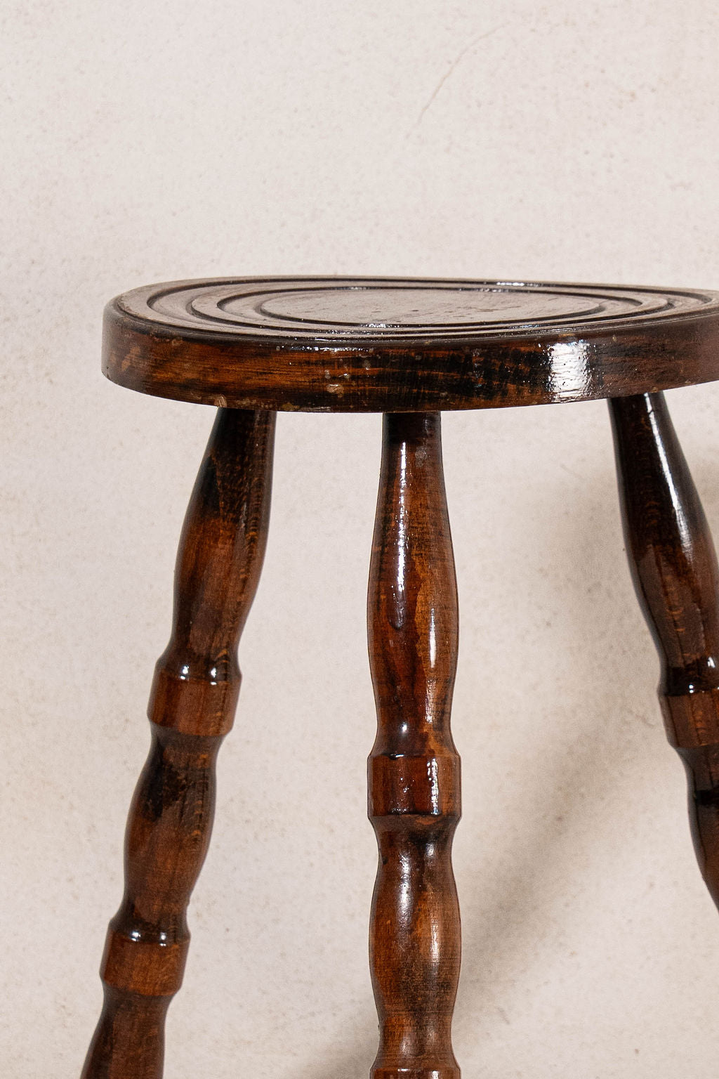 Antique French Bobbin Round Stool with Lacquer Top Coat