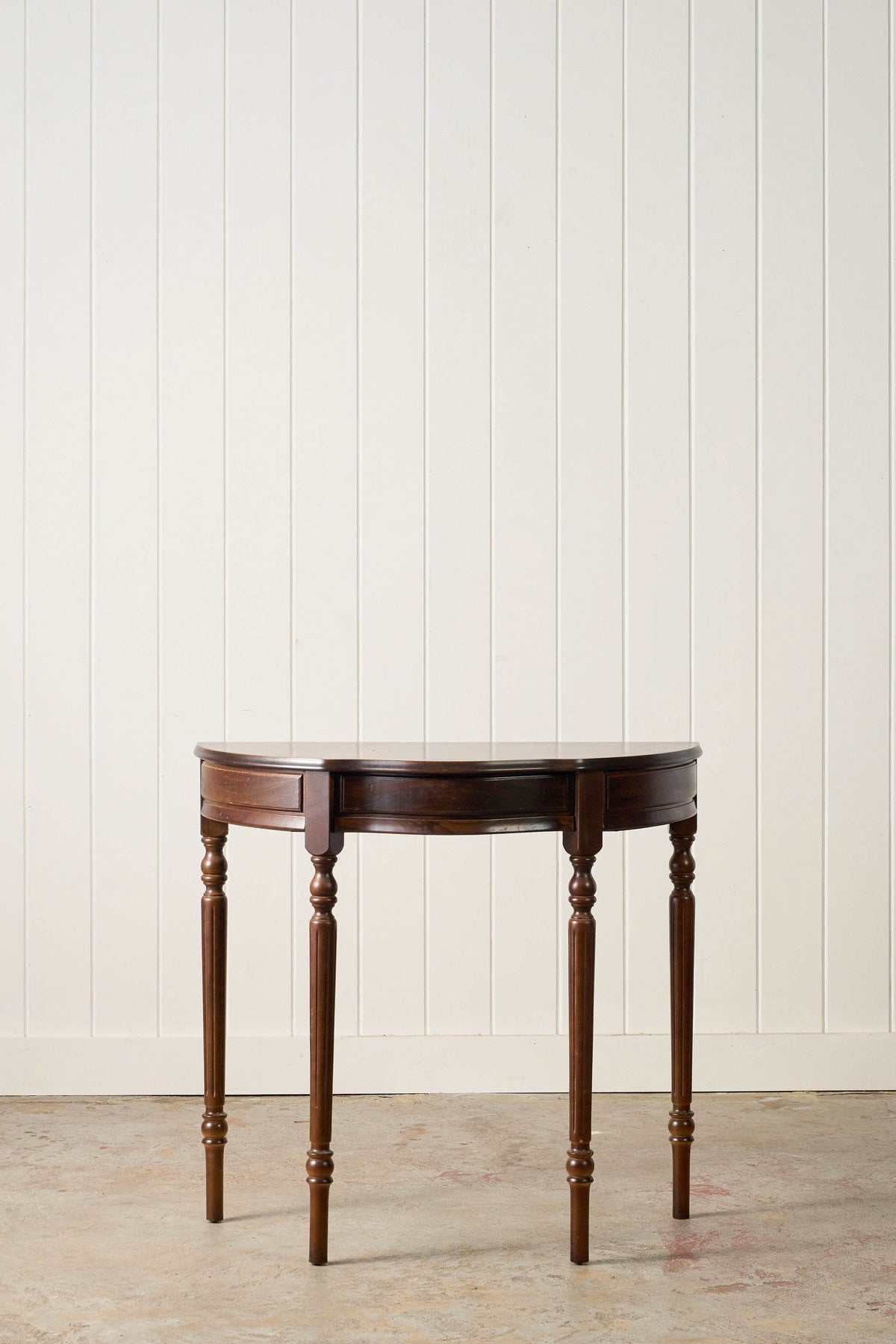 Vintage English Serpentine Demilune Table with Inlay + Drawer