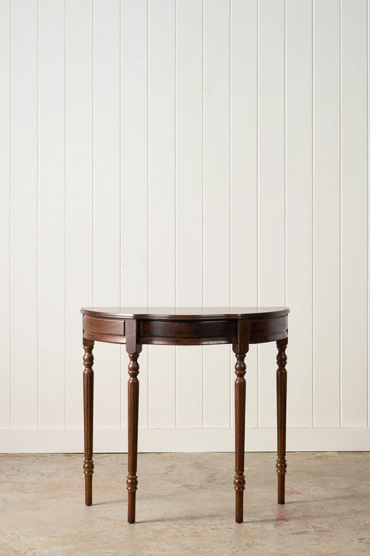 Vintage English Serpentine Demilune Table with Inlay + Drawer