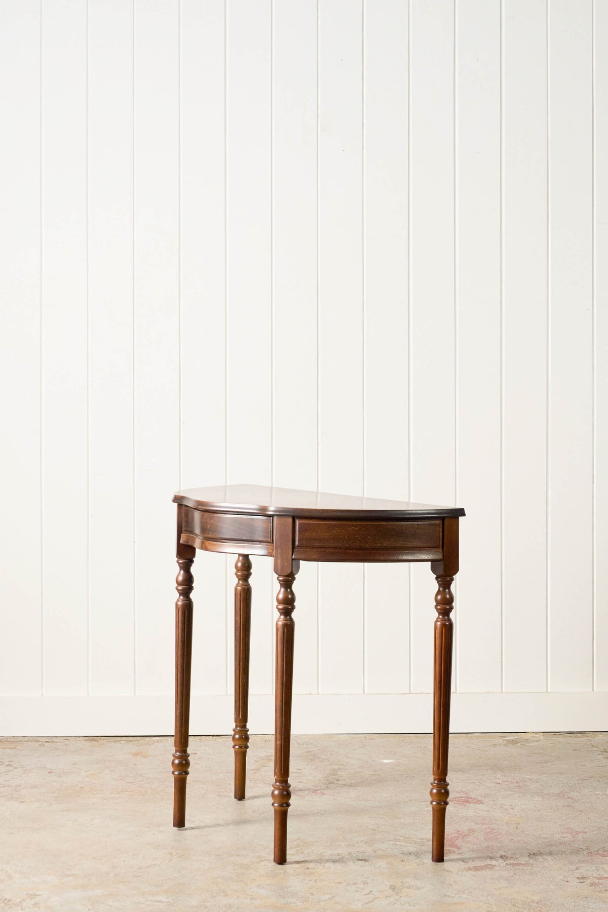 Vintage English Serpentine Demilune Table with Inlay + Drawer
