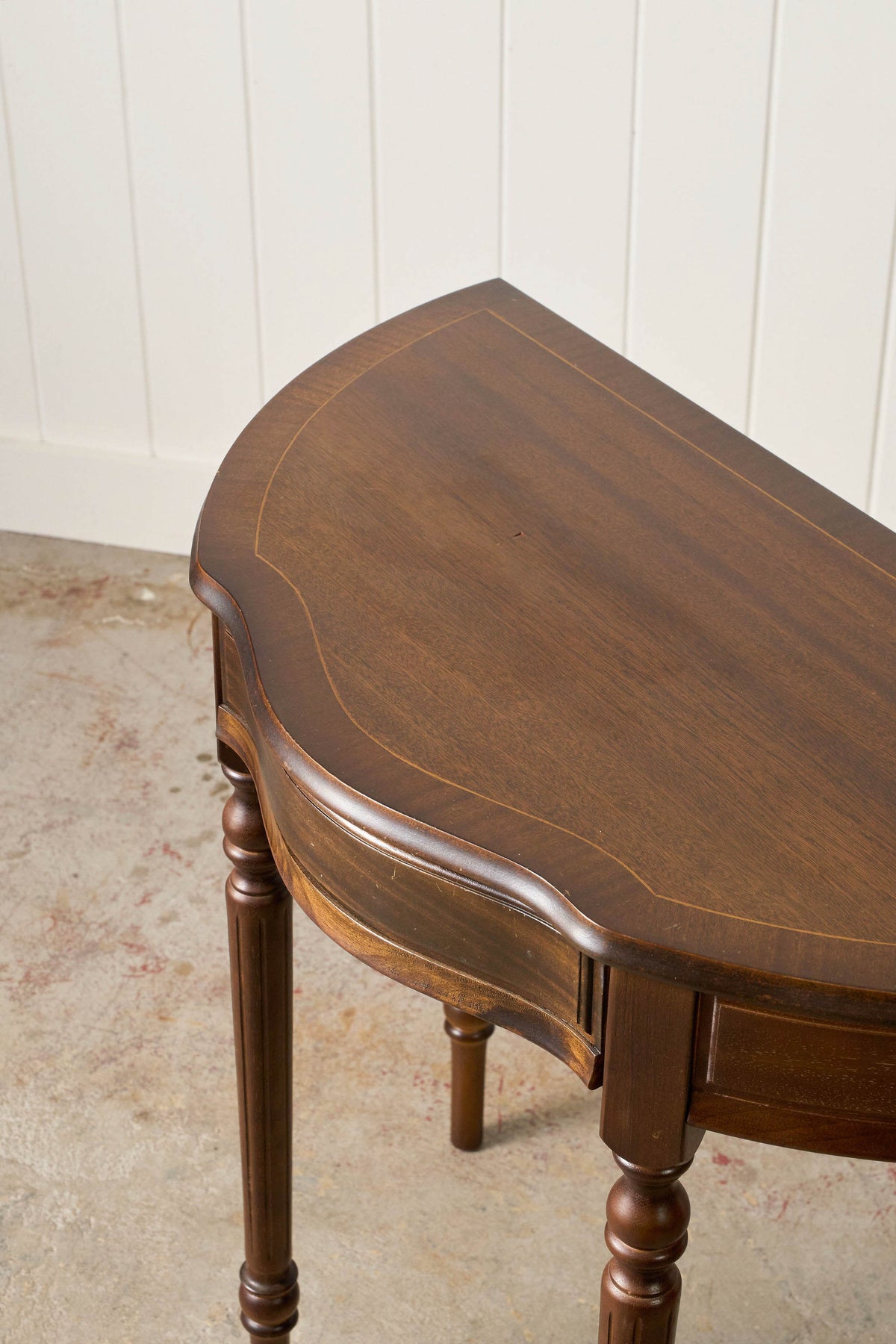 Vintage English Serpentine Demilune Table with Inlay + Drawer