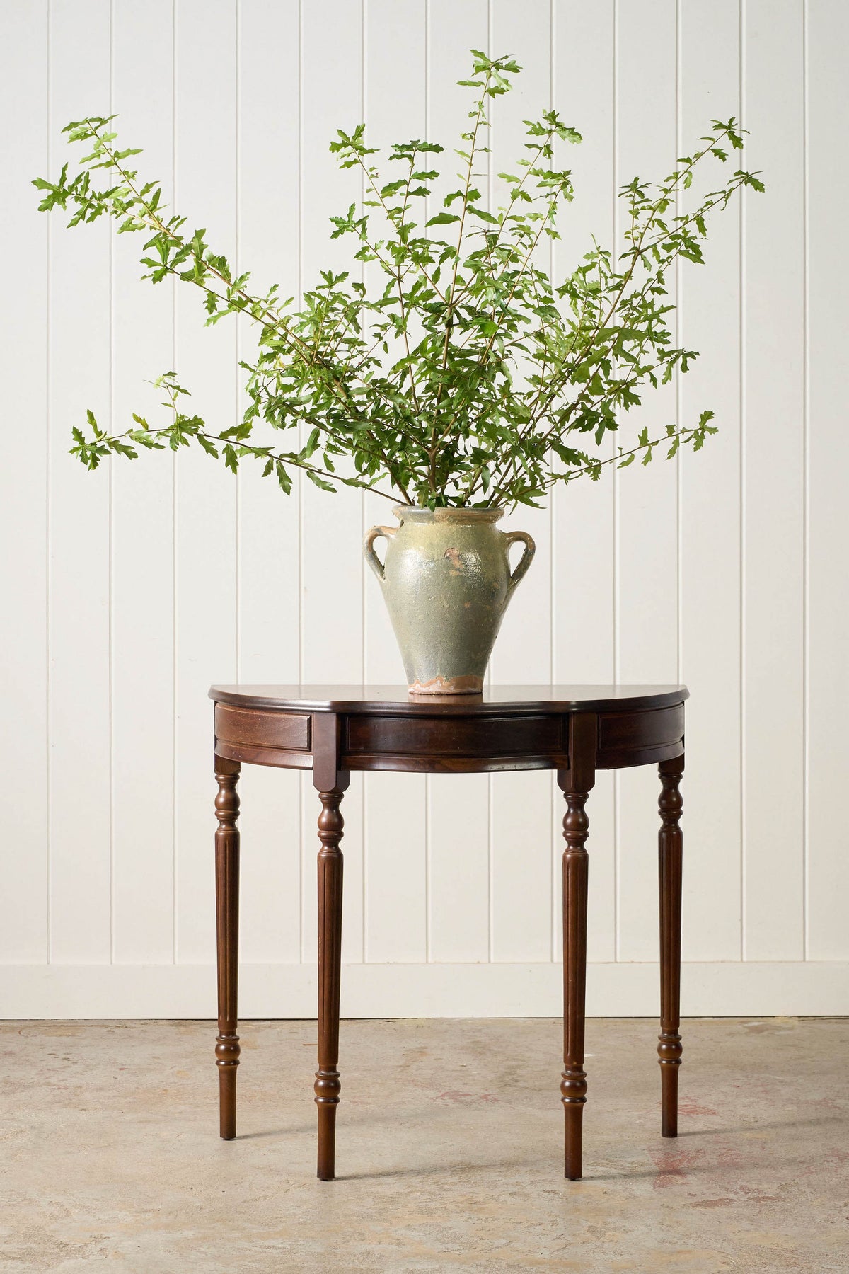Vintage English Serpentine Demilune Table with Inlay + Drawer