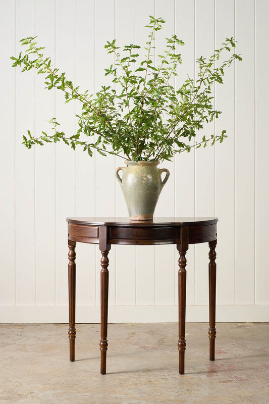 Vintage English Serpentine Demilune Table with Inlay + Drawer