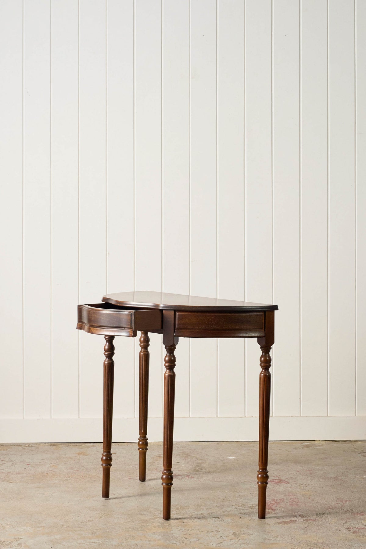 Vintage English Serpentine Demilune Table with Inlay + Drawer