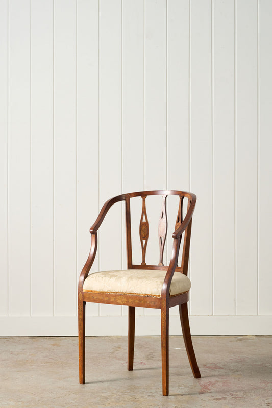 Antique English Barrel Chair with Floral Inlay