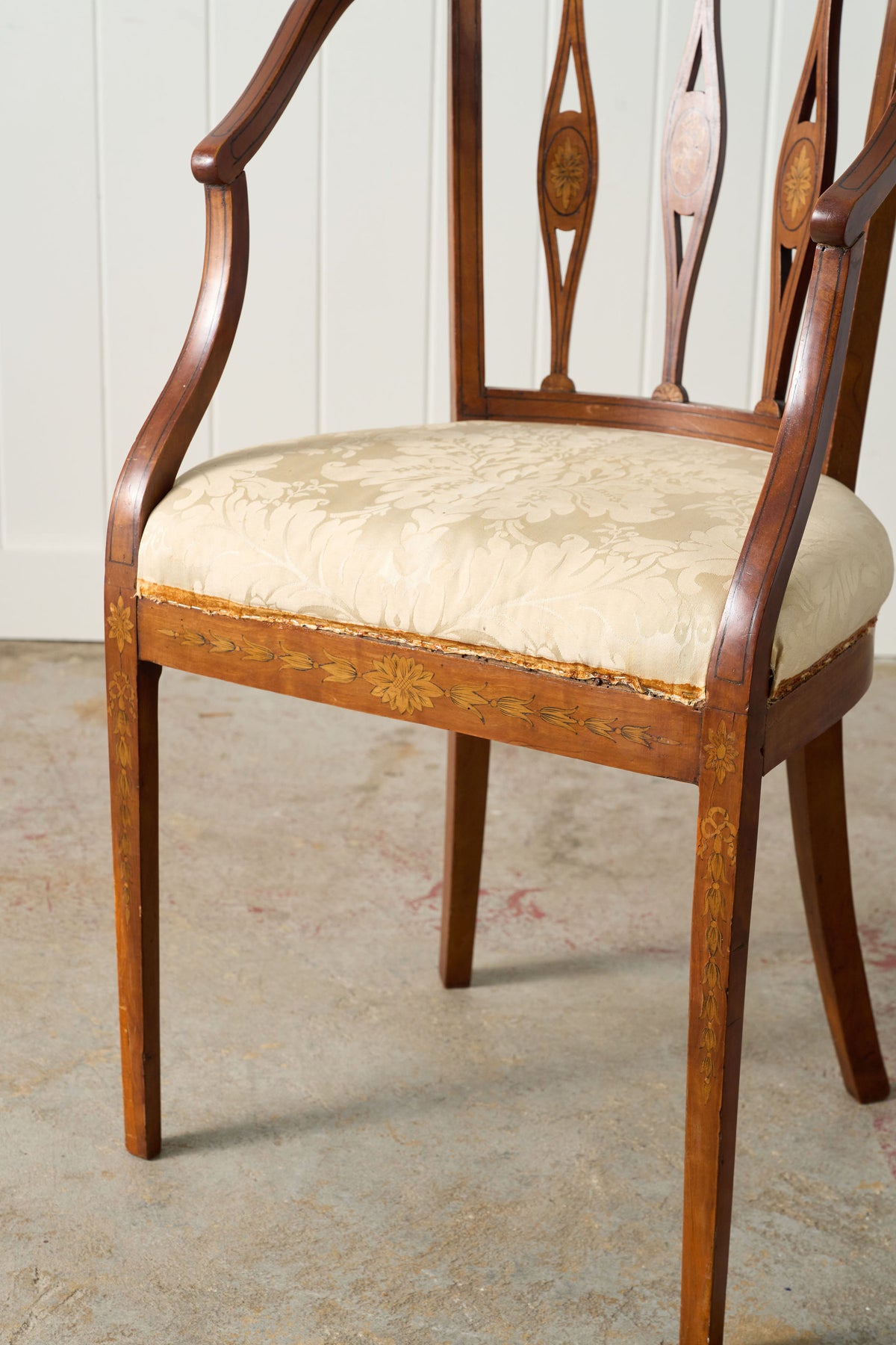 Antique English Barrel Chair with Floral Inlay