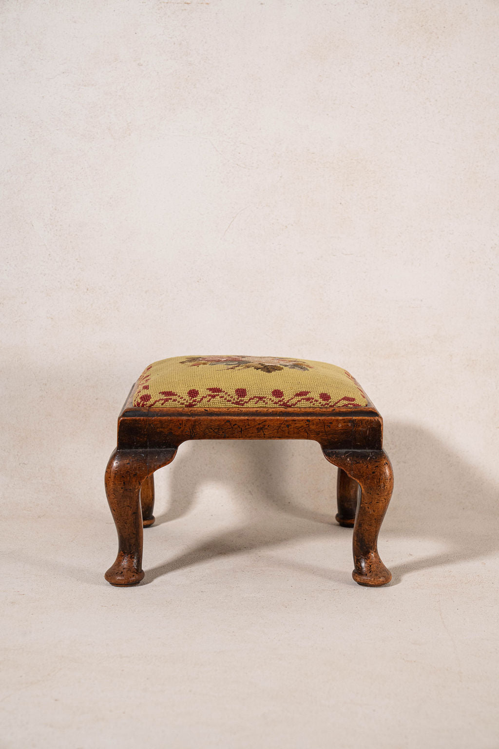Antique English Oak Footstool with Padded Feet + Needlework Cushion