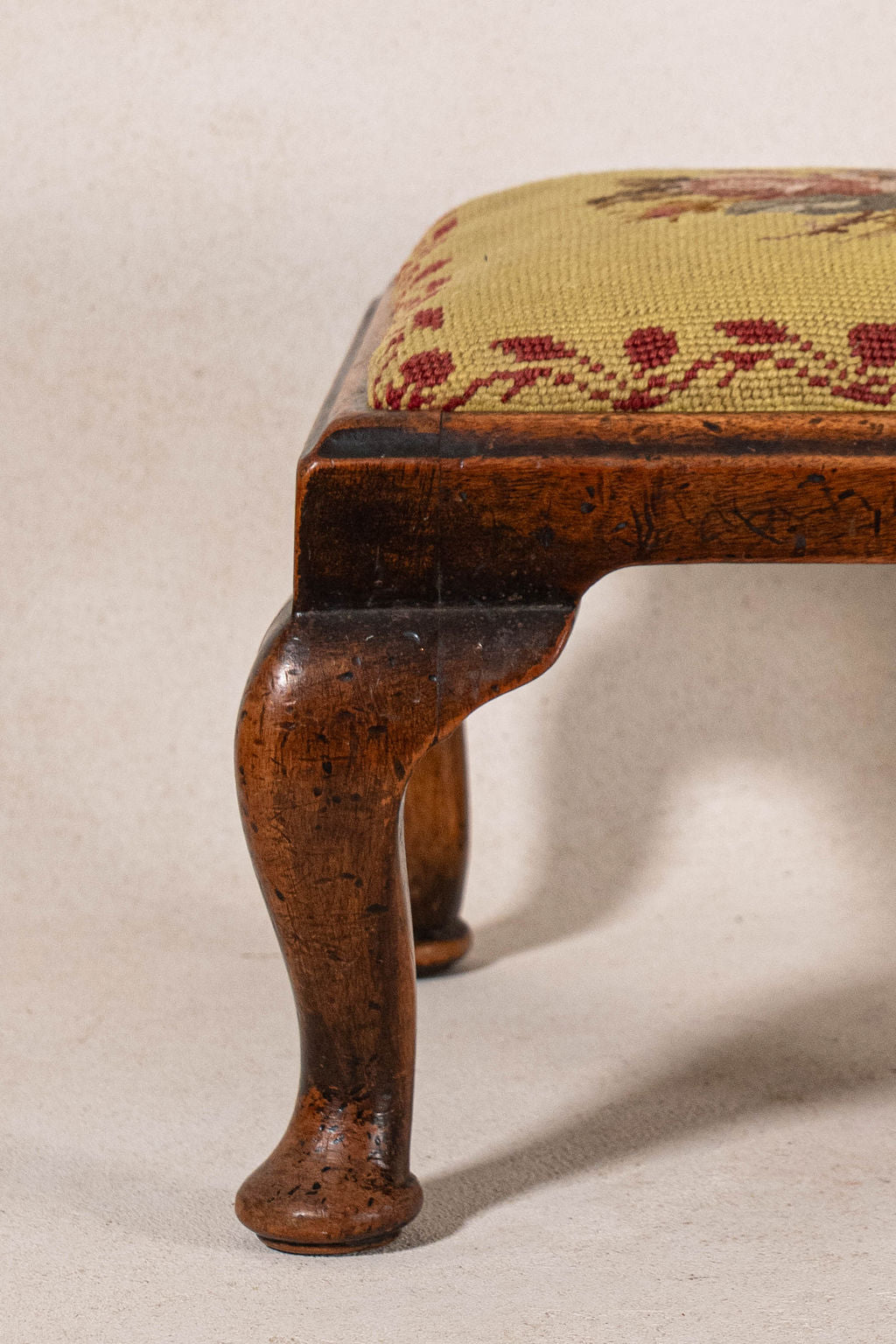 Antique English Oak Footstool with Padded Feet + Needlework Cushion