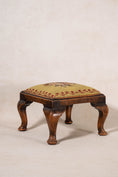 Load image into Gallery viewer, Antique English Oak Footstool with Padded Feet + Needlework Cushion
